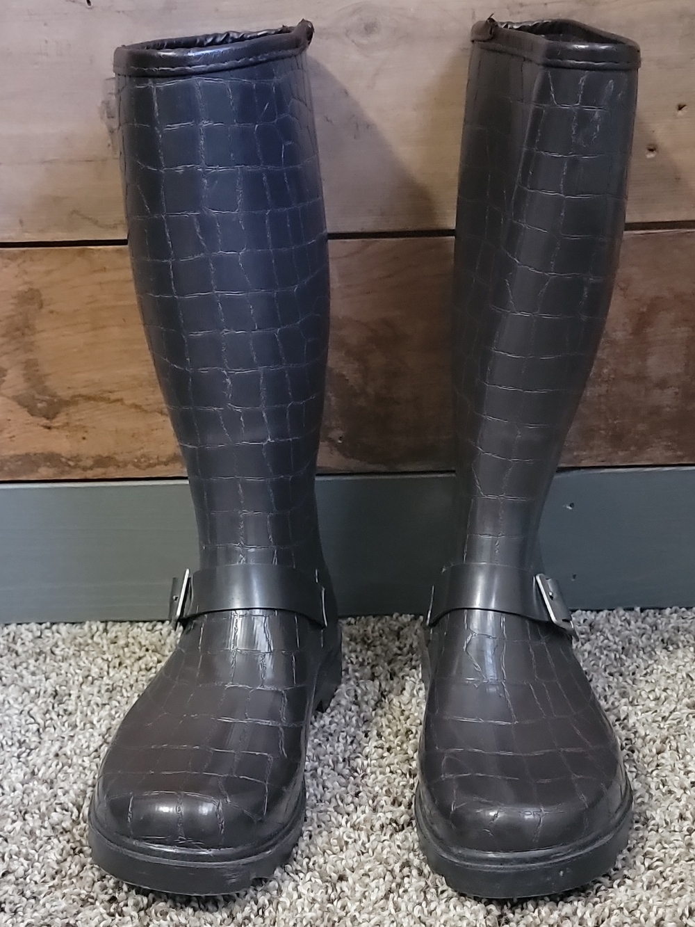 Dirty Laundry Croc-Embossed Knee High Rain Boots in Dark Brown